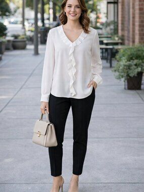 Serein White Ruffled Long Sleeve Deep V Neckline Dressy  Blouse Top Size Medium